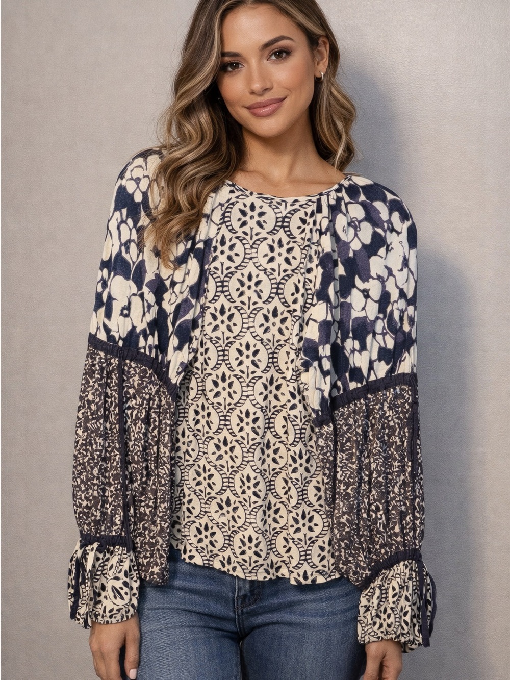 Free People Navy and Cream Mixed-Print Boho Peasant Tunic